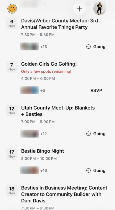 Screenshot: Upcoming Bestie Squad events on a phone, with members marked Going or RSVP